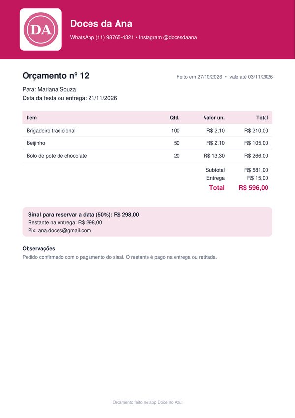 Exemplo de orçamento em PDF com logo, itens, total, sinal e chave Pix